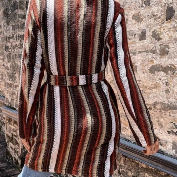 Tweed Striped Waterfall Front Belted Coat Brown - Picture 8 of 12